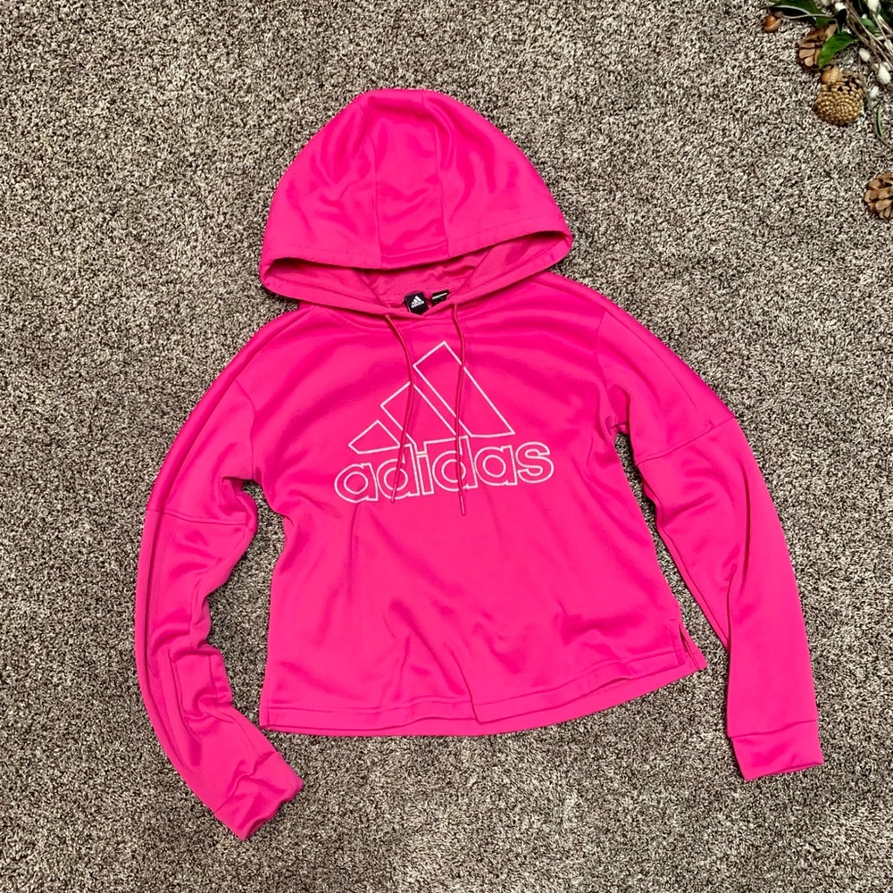 ADIDAS Pink Cotton Warm CROPPED HOODIE Athletic Gym Soccer Sweatshirt Women's S